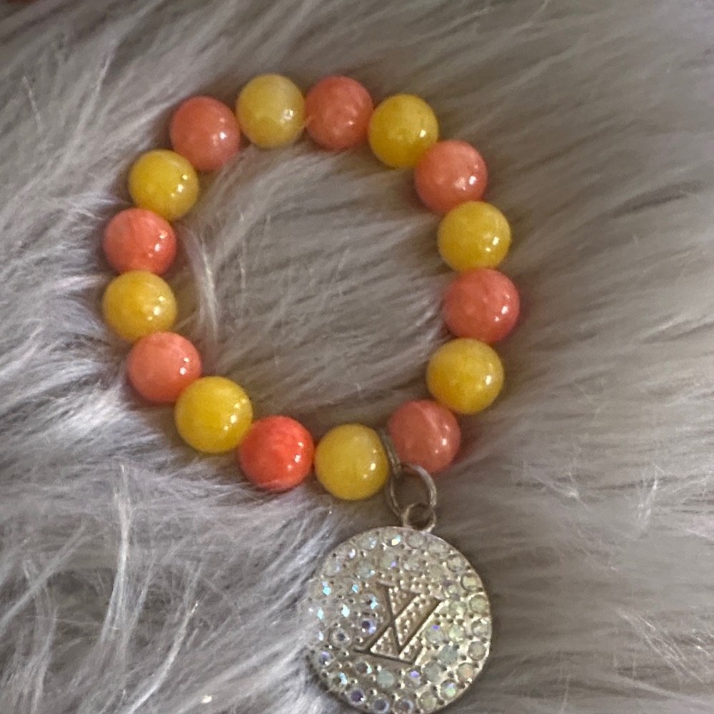 Yellow and Orange Beaded Bracelet with Crystal Charm